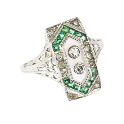 PRODÁNO - Art deco prsten s křištálem, diamanty a smaragdy