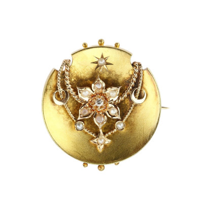 Viktoriánská zlatá brož s briliantem a perličkami