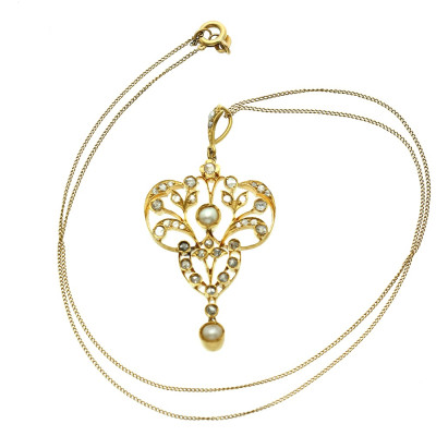 Secesní zlatý náhrdelník s diamanty a perličkami