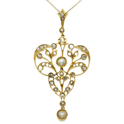 Art Nouveau gold necklace with diamonds and pearls